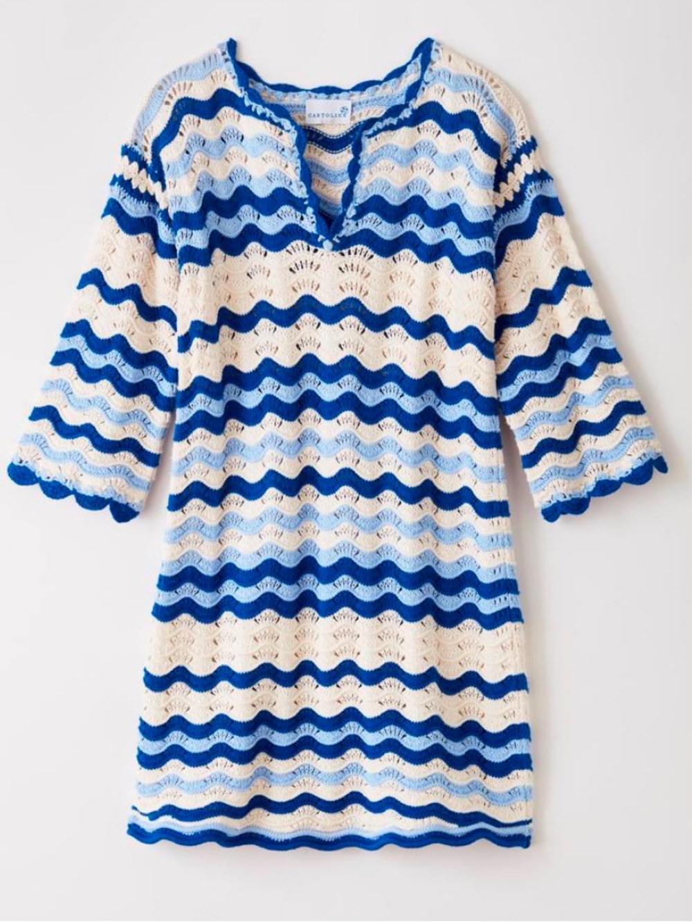Cartolina Large Phoebe Dress Blue Crochet Wavy Print Beach Coastal Resort